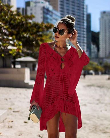 European And American New Hollow-out Knitted Dress Bell Sleeve Beach Jacket Sexy Bikini Blouse Sun Protection Clothing Swimsuit Outwear