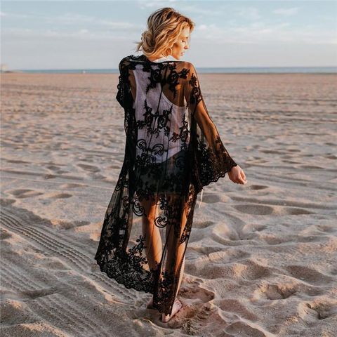 European And American Mesh Embroidered Sexy Cardigan Beach Dress Loose Large Size Vacation Cardigan Bikini Blouse Sun Protection Shirt Women