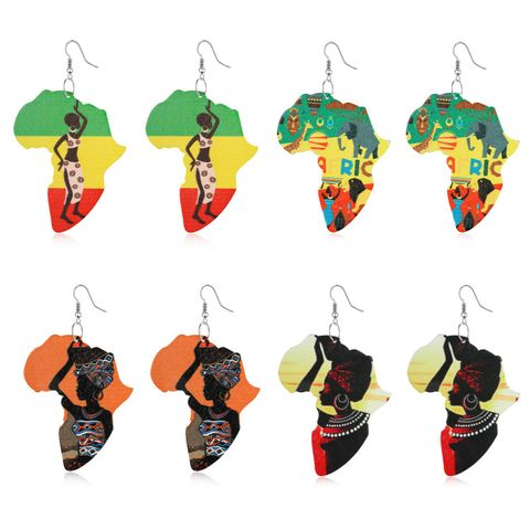 Europäische Und Amerikanische Grenz Überschreitende Yiwu-schmuck Afrika Karte Ohrringe Leoparden Muster Ohrringe Haken Retro Außenhandel Farbe Holz Ohrringe