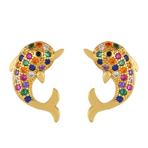 Simple Moving Color Copper Inlaid Zircon Elephant Dolphin Stud Earrings Nhas149172