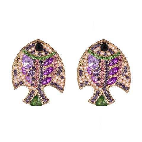 Retro Electroplated Crystal Studded Fish Stud Earrings Nhjj155435