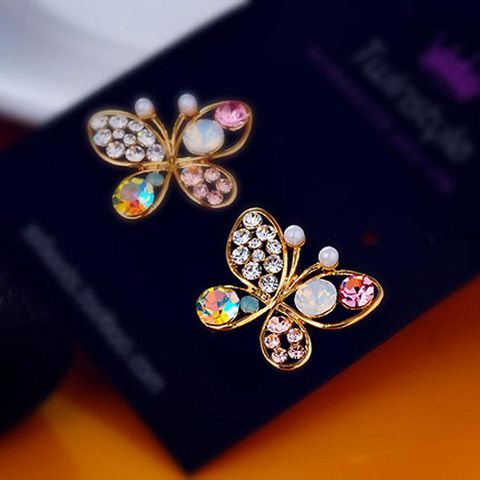 Fashion Pearl Butterfly Hollow Color Diamond Stud Earrings Nhdp155659