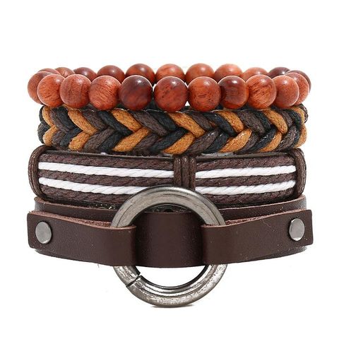 Fashion Geometric Pu Leather Wooden Beads Hemp Rope Set Bracelet Braid Men's Bracelets