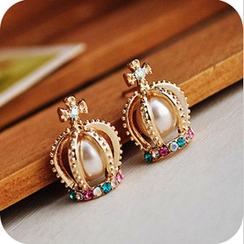 Earrings Pearl Cross Earrings Colored Diamond Crown Earrings Women's Earrings