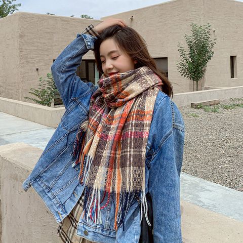 Colorful Small Square Bristle Autumn And Winter Long Polyester Warm Tassels Scarf