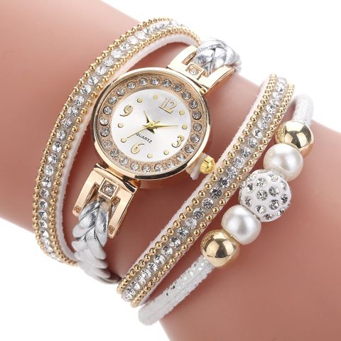 Reloj De Correa De Pu Con Cuentas De Perlas Y Diamantes De Pulsera Redonda De Moda