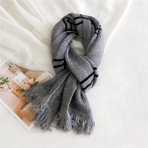 Striped Fringed Knitted Wool Scarf