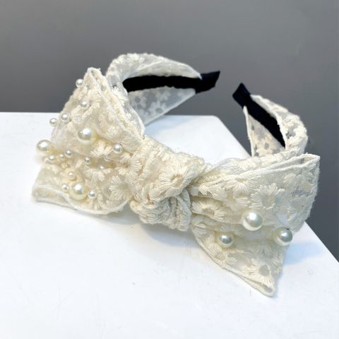 White Lace Bowknot  Pearl Korea Wide Side Knotted Headband