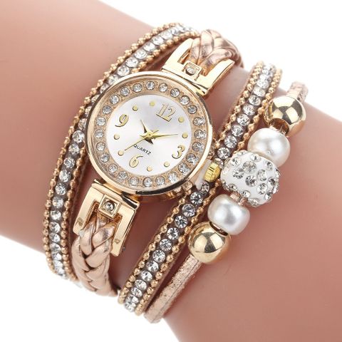 Reloj De La Correa De La Pu Del Círculo Con Cuentas De Perlas De Diamantes De Imitación De Moda