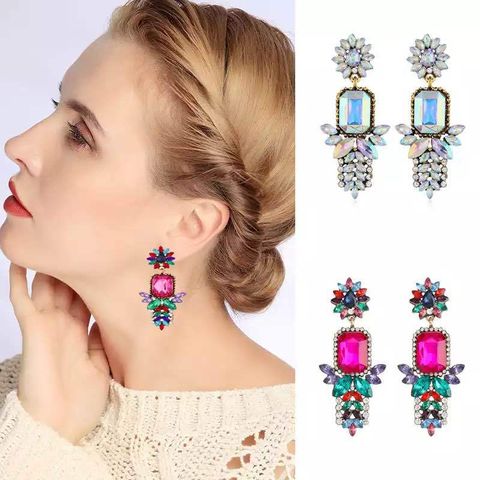 Colorful Diamond Flower Alloy Earrings