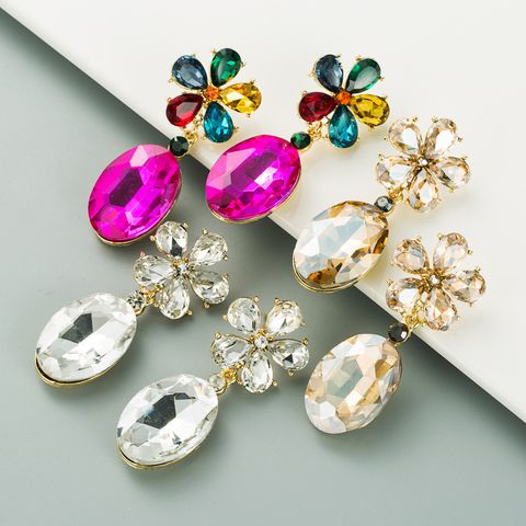 Fashion Alloy Glass Diamond Flower Earrings