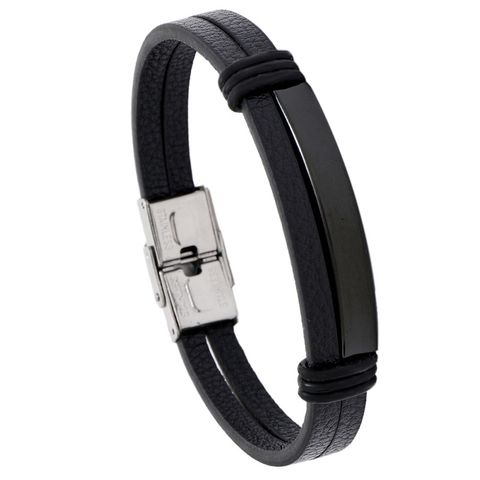Simple Smooth Stainless Steel Men's Leather Bracelet