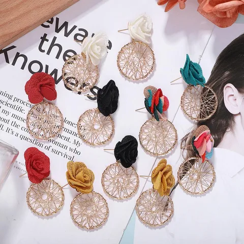 Korean New Wave Fabric Flower Alloy Earrings Hollow Knit Earrings Jewelry Accessories