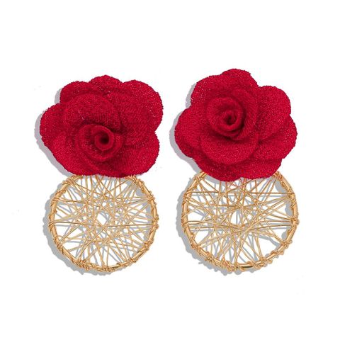 Korean New Wave Fabric Flower Alloy Earrings Hollow Knit Earrings Jewelry Accessories