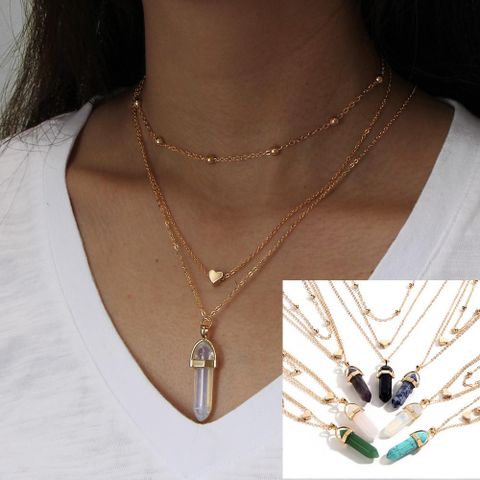 Wholesale Necklace Fashion Jewelry Hexagonal Diamond Gemstone Natural Stone Love Copper Bead Chain Multilayer Necklace