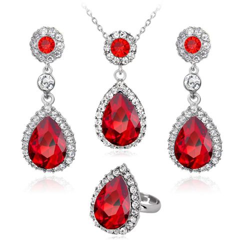 Fashion Simple Multicolor Gem Necklace Ring Earring Three-piece Alloy Diamond Plating White K Jewelry Set