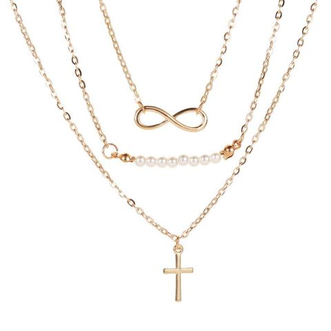 New Fashion Long Necklace 8 Word Pearl Multi-layer Necklace Cross Pendant Necklace Female Clavicle Chain Wholesale