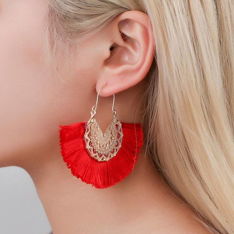 New Fashion Retro Exaggerated Fan-shaped Lace Pattern Tassel Earrings Wholesale