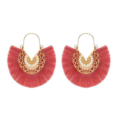 New Fashion Retro Exaggerated Fan-shaped Lace Pattern Tassel Earrings Wholesale