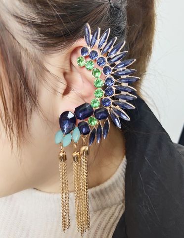 New Fashion Exaggerated Earrings Luxury Rhinestone Chain Tassel Earrings Geometric Ear Clips