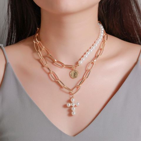 Foreign Trade New Style Necklace Item Decoration Thick Chain Multi-layer Disc Portrait Pendant Necklace Inlaid Pearl Cross Necklace Female