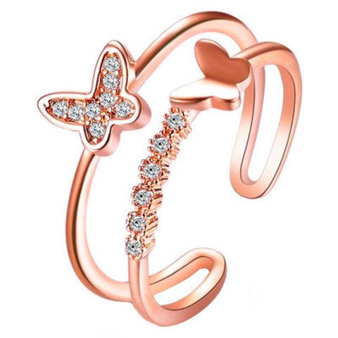 New Ring Double Butterfly Ring Ladies Popular Rose Gold Diamond Opening Adjustable Ring