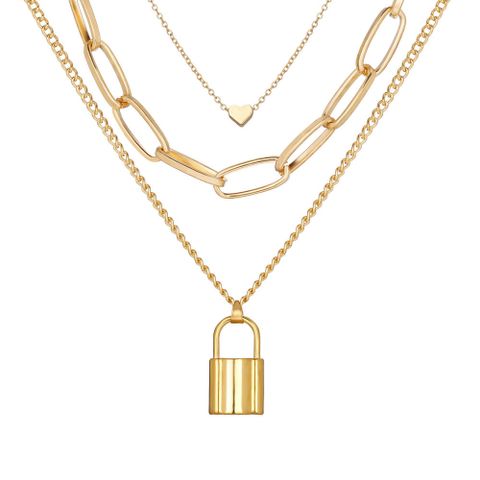 New Alloy Simple Peach Heart Lock Pendant Necklace Creative Retro Multi-layer Necklace Wholesale Nihaojewelry