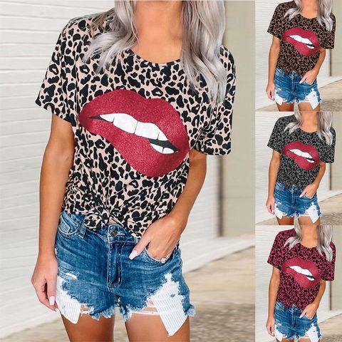 Summer Explosion Models Lips Printing Leopard Print Round Neck Short Sleeve T-shirt Tops Wholesale Nihaojewelry