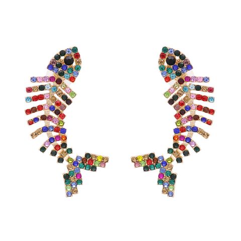 Exaggerated Big Brand Diamond Fish Bone Claw Chain Color Diamond Fashion Earrings Wholesale Nihaojewelry