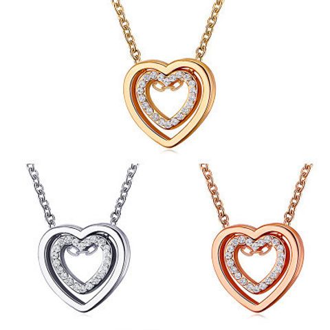 New Necklace Double Love Necklace Full Diamond Hollow Crystal Double Heart Pendant Clavicle Chain Jewelry Wholesale Nihaojewelry