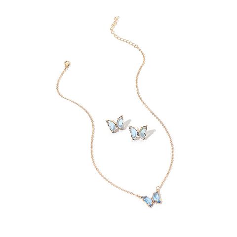 Simple New  Gold Simple Acrylic Diamond Sen Butterfly Pendant Earrings Necklace Clavicle Chain Set