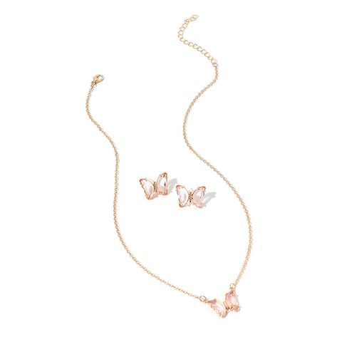 Simple New  Gold Simple Acrylic Diamond Sen Butterfly Pendant Earrings Necklace Clavicle Chain Set