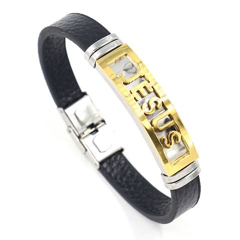 New Two-tone Stainless Steel Titanium Steel Fashion Pu Leather Bracelet Wholesale Nihaojewelry