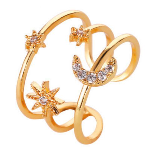 New  Diamond Pentagram Opening Ring Fashion Three-layer Hollow Star Moon Ring Wholesale Nihaojewelry