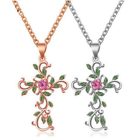 New Necklace Diamond Clavicle Chain Christian Flower Cross Necklace Clavicle Chain Wholesale Nihaojewelry