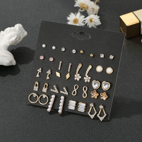 Vintage Inlaid Rhinestone Flower Pearl 20 Pairs Set Golden Alloy Earrings Jewelry Wholesale