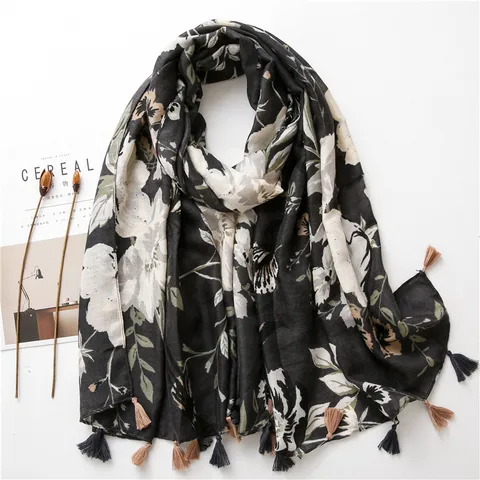 Fashion Camellia Cotton Linen Spring New Black And White Silk Scarf Beach Gauze Sunscreen Big Shawl For Women