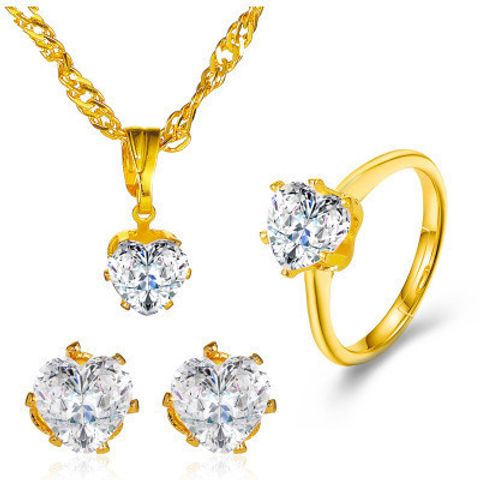 New Fashion  Hot Sale Set Love Heart Zircon Necklace Ring Earring Three-piece Jewelry Set Wholesale