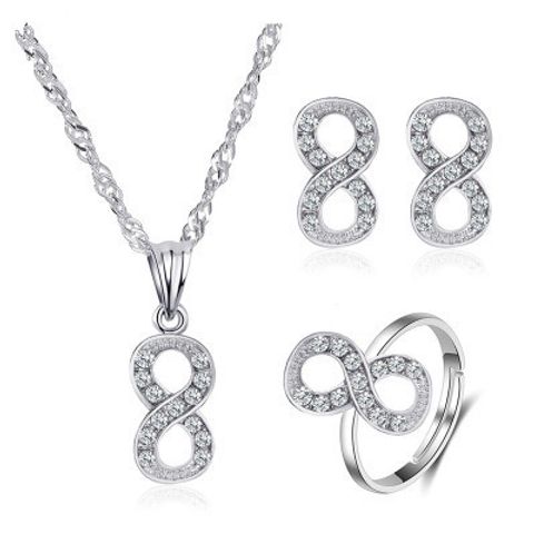 New Fashion All-match Diamond 8-shaped Necklace Earrings Ring Three-piece Jewelry Set Wholesale