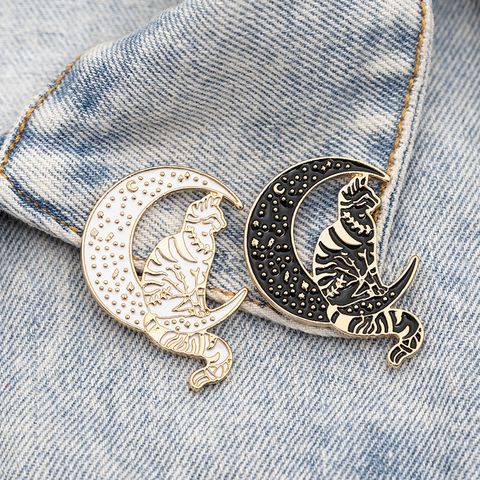New Brooch Punk Style Cute Cat Brooch Sitting On The Moon Cowboy Badge Wholesale