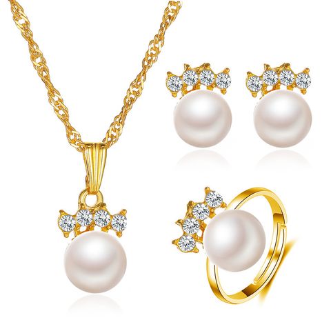 New Fashion With Four Diamonds And Pearl Earrings Ring Necklace Three-piece Set