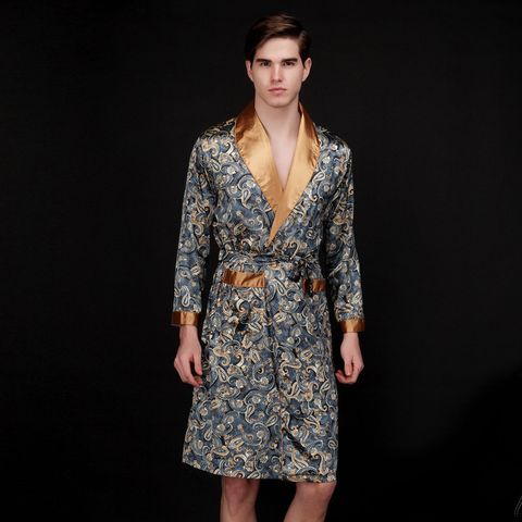 Men's Summer Silk Pajamas Mid-length Home Night Gown Long Sleeve Wholesale Nihaojewelry