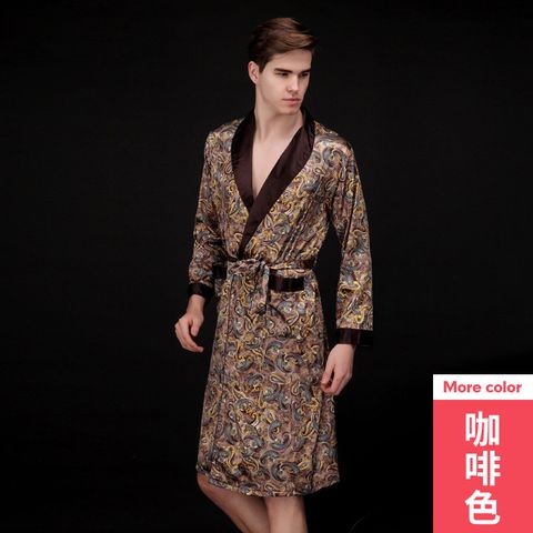 Men's Summer Silk Pajamas Mid-length Home Night Gown Long Sleeve Wholesale Nihaojewelry