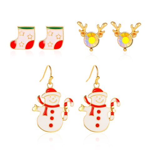 1 Set Simple Style Christmas Hat Snowman Inlay Alloy Zircon Drop Earrings Ear Studs