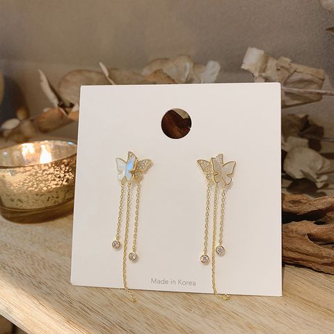 S925 Silver Needle Shell Strass Double Butterfly Tassel Longues Boucles D&#39;oreilles