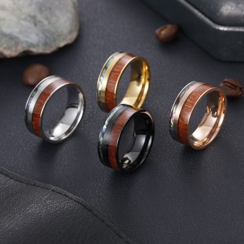 Cross-border 8mm Wide Acacia Wood Plus Abalone Shell Titanium Steel Ring Standard Jewelry Wholesale