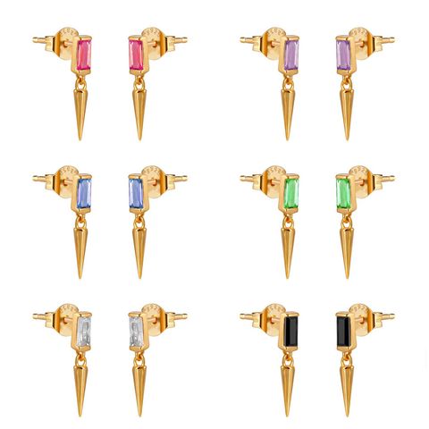 Cross-border Sterling Silver Needle Pang Style Conical Geometric Color Zircon Stud Earrings European And American Style Female Ear Clip