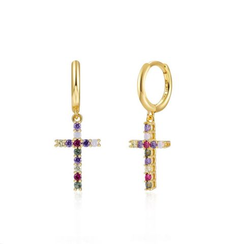 Europe And America Cross Border Sterling Silver Needle Trendy Cross Inlaid Zircon Colorful Crystals Female Earrings Fashionable Personalized Earrings Earrings
