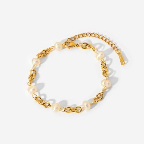 Europäischer Und Amerikanischer Ins Heißer Verkauf Edelstahl 18k Vergoldet 6 Natürliche Süßwasser Perlen Ketten Armband Frauen Armband