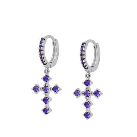 European And American Purple S925 Silver Needle Cross Diamond Earrings